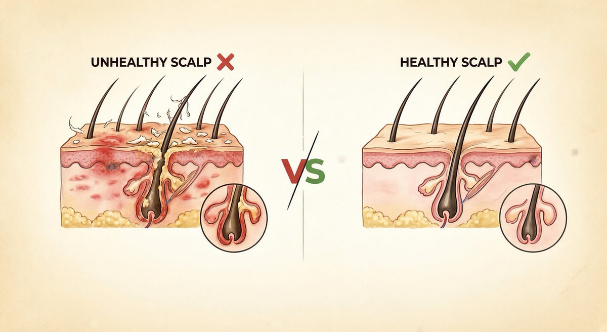 Healthy scalp vs unhealthy scalp cross-section diagram